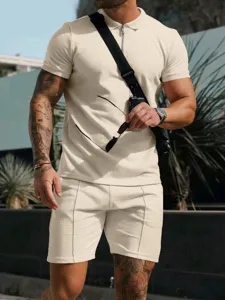 Men's Casual Waffle Short Sleeve Polo Shirt And Shorts Set Summer Solid Color Loose Zip Lapel Tracksuit Outfit