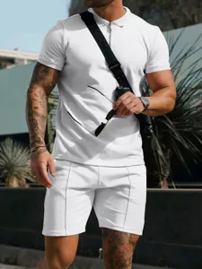 Men summer waffle knit short sleeve polo shirt and shorts casual matching set main product view