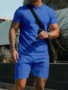 Men casual waffle short sleeve polo shirt and shorts set summer solid color outfit.