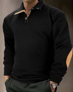 Heren lang mouw jacquard gebreide polotrui met contrasterende suède elleboogpatches.