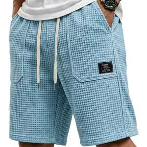Mens casual waffle knit shorts summer drawstring elastic waist beach shorts with pocket patch
