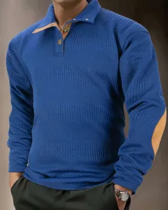 Heren lang mouw polo kraag jacquard gebreide truien met contrast patches blauwe kleur.