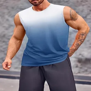 Canotta sportiva uomo sfumata senza maniche, maglia fitness traspirante dettaglio.