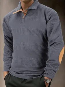 Heren casual revers lange mouw gebreide trui pullover met stijlvolle suède elleboogpatches.