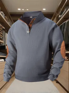 Heren lang mouw jacquard gebreide pullover trui met revers en elleboogpatches casual stijl.