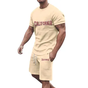 Men's summer casual short sleeve t-shirt and shorts sportswear set athletic apparel detail.