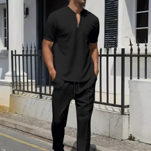 Men's waffle knit short sleeve half-zip polo shirt and casual trousers set for daily wear.
