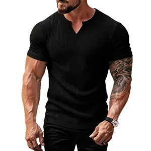 T-Shirt Uomo Estate Casual Costine Collo V Maniche Corte Tinta Unita Slim Top