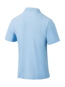 Light blue men's short sleeve polo shirt with textured fabric and classic collar back view.