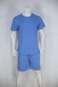 Detailed view of the light blue men's casual sportswear set featuring comfortable shorts.