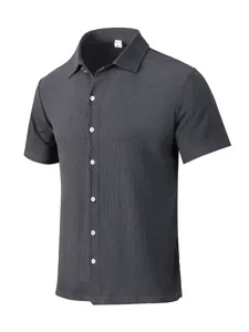 Men's textured short sleeve casual shirt in dark grey, comfortable slim fit button down.