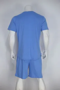 Men's casual solid color short sleeve t-shirt and shorts two piece tracksuit set blue.