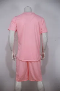 Back view detail of pink short sleeve t-shirt and matching shorts casual loungewear set.