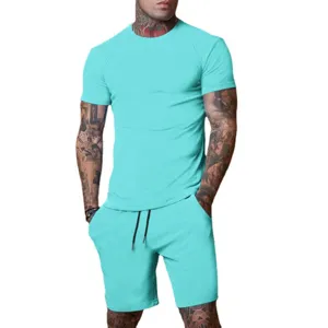 Men's summer casual short sleeve t-shirt and shorts sportswear set solid color slim fit