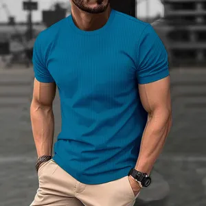 Men's blue textured short sleeve t-shirt, slim fit casual summer top for daily wear.