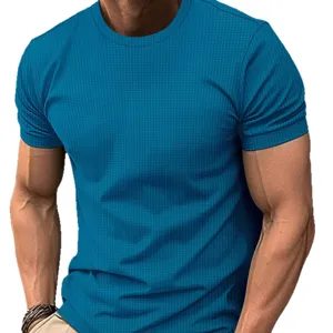 Men blue textured short sleeve t shirt slim fit casual summer top breathable fabric stylish