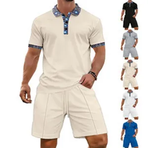 Men's summer casual waffle polo shirt and shorts set details, printed collar and cuff design.