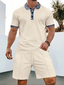 Detail shot of the waffle knit casual short-sleeve polo shirt and shorts set for men.