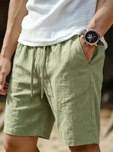 Men's casual linen shorts light green elastic drawstring waist summer beach breathable shorts