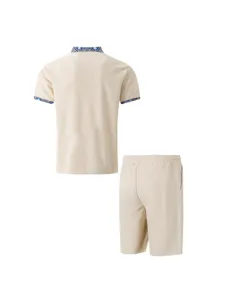 Back detail of men's casual waffle short sleeve polo shirt and shorts set with ethnic collar trim.
