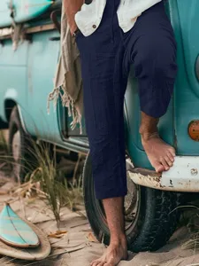 Mens casual loose cropped pants summer beach solid color breathable cotton trousers