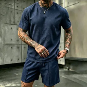 Men's Casual Linen Blend Short Sleeve Top And Bottom Summer Beach Vacation Solid Color Loose Outfit