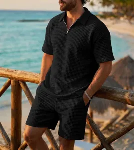 Men waffle knit short sleeve polo shirt and shorts set summer beach vacation casual outfit