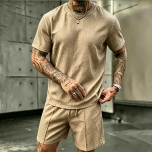 Men's casual linen short sleeve t-shirt and shorts set summer beach vacation outfit
