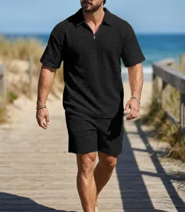 Men's waffle knit short sleeve polo shirt and shorts set summer casual beach vacation outfit