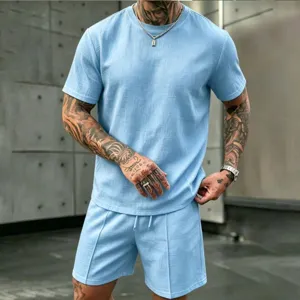 Men's casual linen short sleeve t-shirt and shorts set detail view for summer vacation.