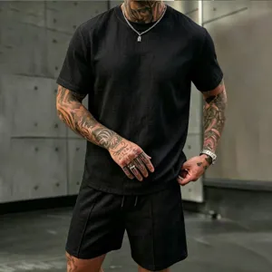 Men's summer casual linen short sleeve shirt and shorts set comfortable beach wear outfit