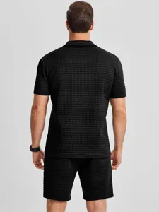 Back view of men casual waffle knit short sleeve polo shirt and shorts set in solid black.