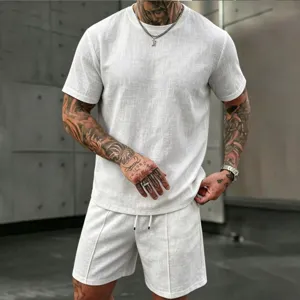 Men's summer casual linen short sleeve and shorts two-piece set, breathable vacation beach wear.