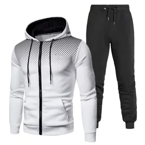 Mens casual tracksuit detail showing gradient dot hoodie and black sweatpants set.