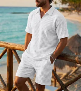 Men's white waffle knit polo shirt and shorts set detail view, summer beach outfit style.