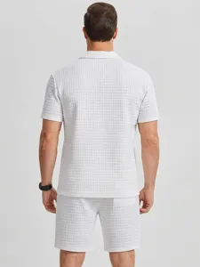 Men white waffle knit shirt shorts detail back view summer casual sportswear set