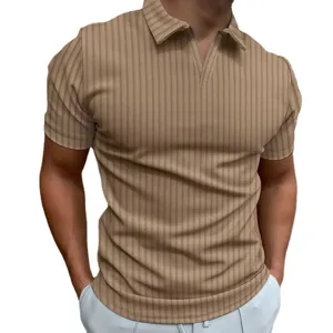Mens striped short sleeve polo shirt casual V-neck lapel summer top fashion wear