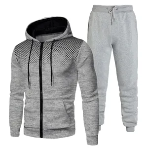 Men grey zip hoodie and sweatpants two piece set with dotted chest design for autumn winter.