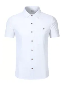 Men short sleeve linen shirt detail, white casual button down collar top with pocket.