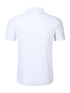 Back detail view of solid white short sleeve linen polo shirt, breathable casual summer top.