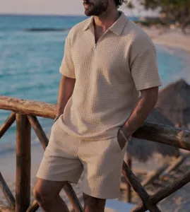Men waffle knit polo shirt shorts set summer casual beach resort wear outfit detail.