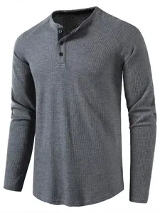 Men's long sleeve waffle knit Henley shirt, casual solid color base layer top for autumn.