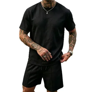Men's summer casual linen short sleeve and shorts set, comfortable beach vacation outfit.