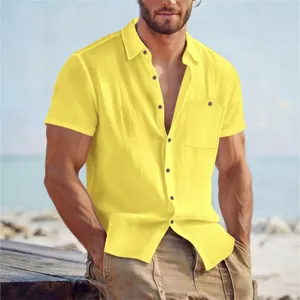 Men's solid color short sleeve linen shirt casual lapel breathable summer beach top