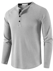 Men's solid color long sleeve waffle Henley t-shirt casual slim fit basic pullover top.