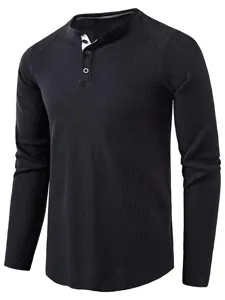 Men's Long Sleeve Waffle Henley Shirt Solid Color Casual Slim Fit Pullover Top Main View