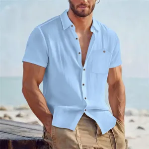 Men's solid color linen short sleeve shirt casual lapel loose breathable top summer