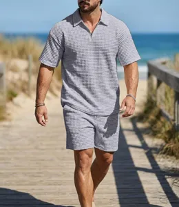 Men waffle knit short sleeve polo shirt and shorts set, casual summer beach vacation outfit detail.