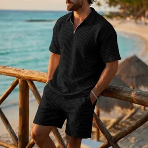 Men's Casual Waffle Tracksuit Summer Solid Color Lapel Short Sleeve Polo Shirt And Shorts Top And Bottom Vacation Outfit