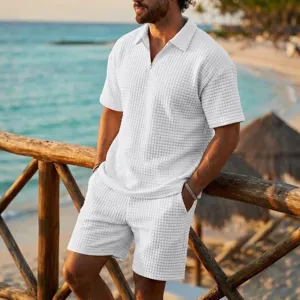 Men summer waffle knit short sleeve polo shirt and shorts casual vacation outfit set.